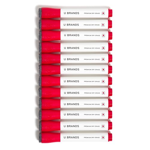 U Brands Fine Tip Dry Erase Markers with Eraser, Whiteboard Markers with Chisel tip, Low Odor, Red, Set of 12
