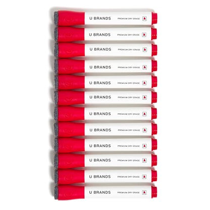 U Brands Fine Tip Dry Erase Markers with Eraser, Whiteboard Markers with Chisel tip, Low Odor, Red, Set of 12