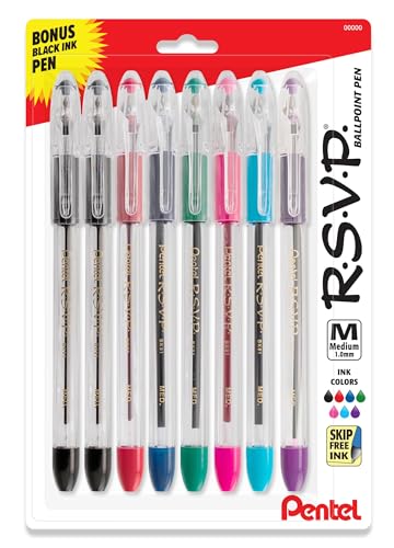 Pentel RSVP Original Ballpoint Pen, (1.0mm) Medium Line, Assorted Ink Colors, Clear Barrel, 8 Pack with Bonus Black Ink Pen