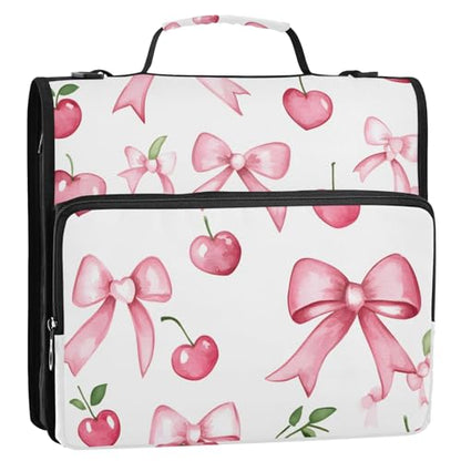 Pink Bow Cherry 3 Ring Zipper Binder Bag Binder Organizer with Handle Shoulder Strap for School Work Office Supplies - color: Pink Bow Cherry