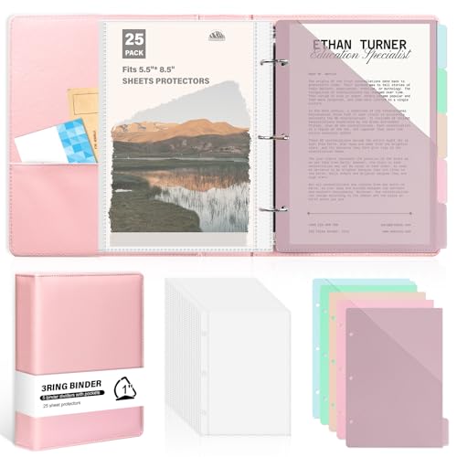 （Half Size）Pu Leather Mini 3 Ring Binder with 5-Tabs Pocket Dividers & 25 Sheet Protectors 5.5 x 8.5 Professional Organizer Cute Organizer Binders 1" D Rings for Small Binder Paper School Office(Pink) - color: Pink