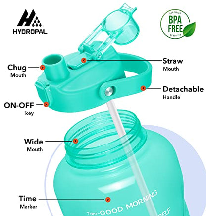 HydroPal 1 Gallon Water Bottles with Straw, 128 oz Water Bottle BPA Free Innovative 2-IN-1 Lid Gym Bottle with Times to Drink Motivational, Large for Sports Fitness Camping Water Jug （13.8X5.5 inch） - color: Turquoise