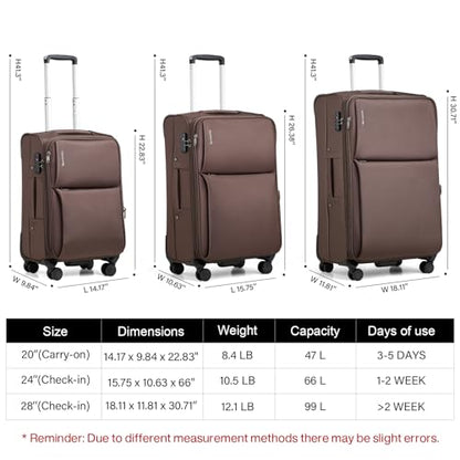 Hanke 3 Piece Luggage Sets Softside Expandable Carry On Luggage Set Travel Suitcase Sets with Spinner Wheels TSA Approved Luggage(Coffee, 20in/24in/28in) - color: Coffee, size: 3 Pc Set(20/24/28)