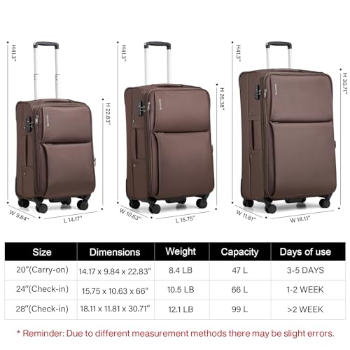 Hanke 28 Inch Luggage Softside Expandable Suitcases with Spinner Wheels, Travel Checked Luggage for Women Men(Coffee) - color: Coffee, size: 28 Inch Checked in