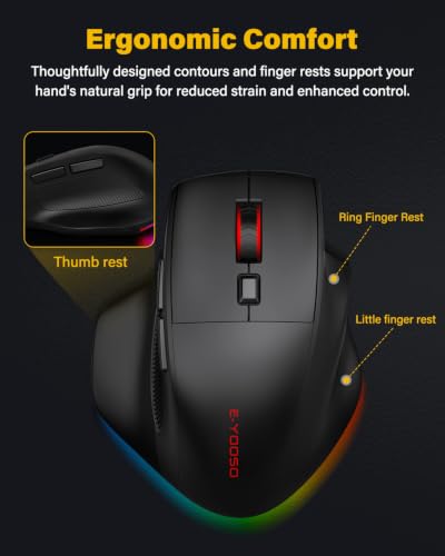 E-YOOSO X54 Rechargeable Ergonomic Wireless Bluetooth Wired Mouse,1000mAH Big Battery,12800 DPI,M/Large Hand,Quiet Clicks,RGB Lights,Mice for Laptop/Computer/PC/MacBook/Chromebook/Office/Gaming