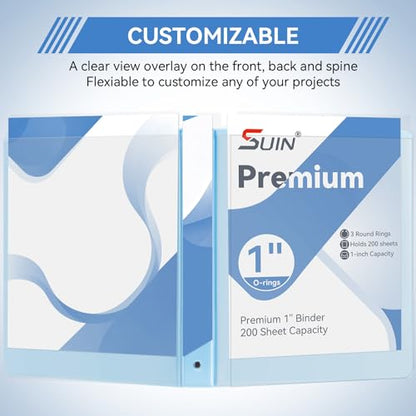SUIN 1 Inch 3 Ring Binder, Clear 1'' View Presentation Binders with 2 Pockets, Fits 8.5 x 11 Letter Size, Durable Polypropylene, Non-Stick & PVC-Free for School, Office & Home (Pastel Blue) - color: Pastel Blue
