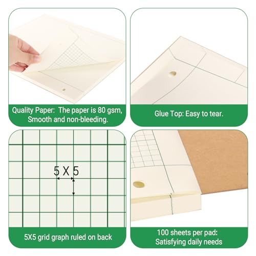 Engineering Paper Notebook, 5X5 Quad Ruled, 8.5X11 Inch, 600 Sheet | Engineering Computation Pad, Engineering Graph Paper,3-Hole Punched, Green Tint, 100 Sheets Per Pack, 6 Pack