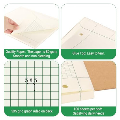Engineering Paper Notebook, 5X5 Quad Ruled, 8.5X11 Inch, 600 Sheet | Engineering Computation Pad, Engineering Graph Paper,3-Hole Punched, Green Tint, 100 Sheets Per Pack, 6 Pack