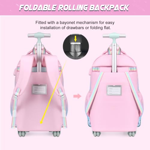DIGOBAY Rolling Backpack for Girls, Cute Roller School Bag with Wheels, Kids Wheeled Backpacks Set with Lunch Bag Pencil Case for Teen Girls Kindergarten Elementary Middle School - color: Pink-blue