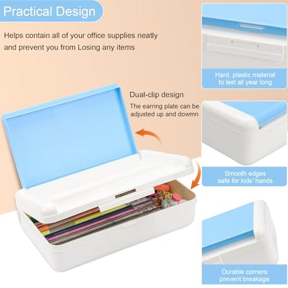 SFLHHDM Pencil Box, Double Layer Large Capacity, White Blue, 1pcs | Plastic, Snap-tight Lid, Stackable Storage, For Gel Pen Pencils Crayons, Office Supplies - color: White Blue-1pcs