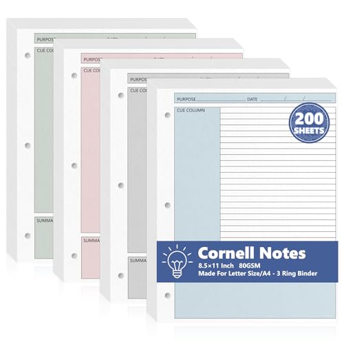 200 Sheet Colored Cornell Notes Loose Leaf Paper 8.5×11 Inch for 3 Ring Binder College Ruled Taking System Filler Paper Letter Size Notebook Refill Paper Bulk for School Office Business Home 80gsm - size: Letter Size-3 Ring