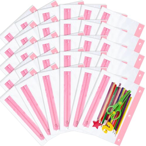 Feifeiya 30 Pcs Pencil Pouches with Zipper Clear Binder Pencil Pouches for 3 Ring Binder Bags Bulk for Office Supplies(Pink) - color: Pink