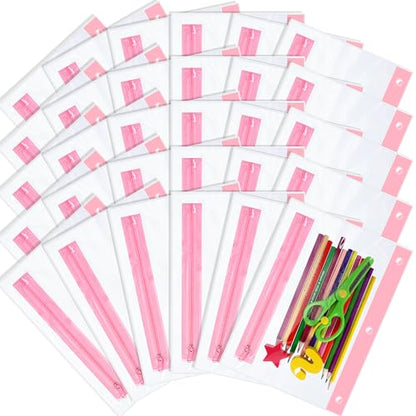 Feifeiya 30 Pcs Pencil Pouches with Zipper Clear Binder Pencil Pouches for 3 Ring Binder Bags Bulk for Office Supplies(Pink) - color: Pink