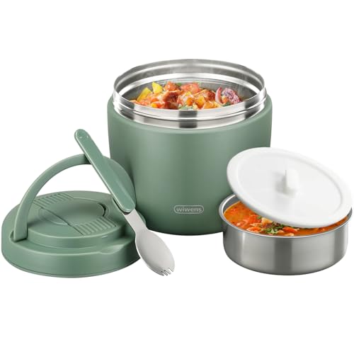 wiwens Thermo Food Jar for Hot Food Adults 32OZ Soup Thermo Lunch Containers Wide Mouth Vacuum Insulated Stainless Steel Leakproof Bento Box with Spoon (Green) - color: Green