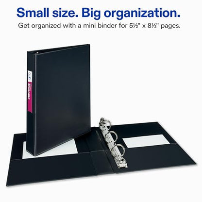 Avery Mini 3 Ring Binders, Holds 5.5" x 8.5" Paper, 1" Round Rings, 175-Sheet Capacity, 1.4 Inch Wide Spine, Label Holder, Black Binders, Great for Home, School, Office, and More (2-Pack of 13456)