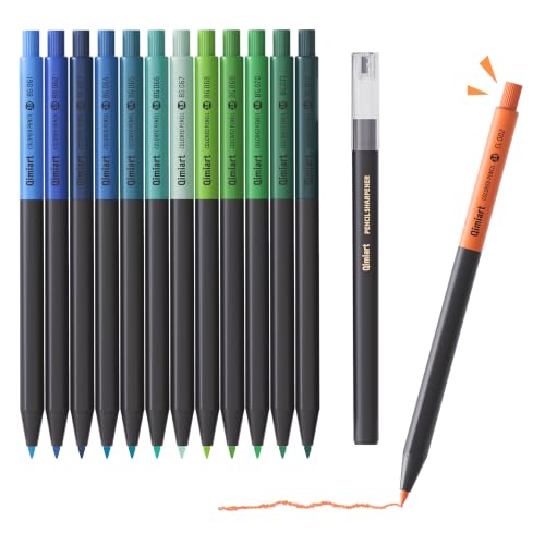 3.0mm Mechanical Colored Pencils Set, Pack of 12 (Blue Green) | Soft Core Oil-Based, Click-to-Advance Lead, Include Sharpener,Assorted Colors,Art Supplies for Coloring, Sketching, Drawing - color: Blue Green