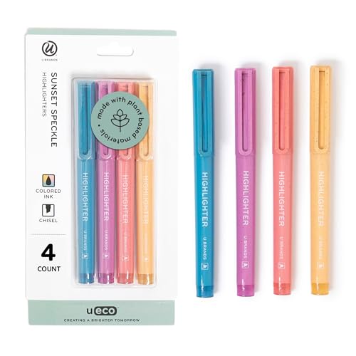 U Brands U-Eco Multicolor Highlighters, 4-Count, Chisel Tip, Assorted Sunset Speckle Colors, Ideal for Organizing and Coloring