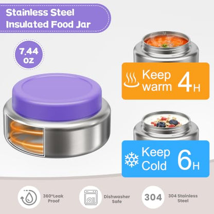 Pawtong Stainless Steel Bento Box Kids Adult with 7oz Insulated Food Jar, Transparent Lid Metal Lunch Box With Soup Thermal Jar, Lunch Box Container with Removable Divider & Sauce Cup School (Purple) - color: Purple