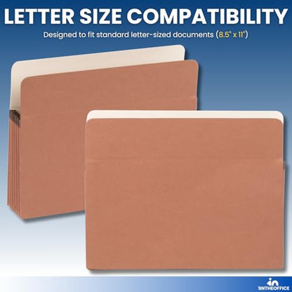 1InTheOffice Expanding File Pockets, Accordion File Organizer, Letter Size, Brown Redrope, 8 1/2" x 11", 1200 Sheet Capacity, 5 1/4", 10 Pack