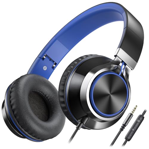 AILIHEN C8 Kids Wired Headphones with Microphone for School, On Ear Headsets with Volume Control Foldable, 3.5mm Jack Computer Chromebook for Children Teens Classroom Online Learning (Black Blue) - color: Black, Blue, size: Medium