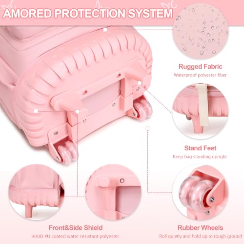 DIGOBAY Rolling Backpack for Girls, Girls Roller Backpack with Lunch Bag and Pencil Case, School Bookbag with Wheels for Elementary Middle High School Travel, Pink - color: Pink