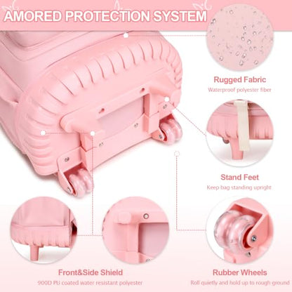 DIGOBAY Rolling Backpack for Girls, Girls Roller Backpack with Lunch Bag and Pencil Case, School Bookbag with Wheels for Elementary Middle High School Travel, Pink - color: Pink