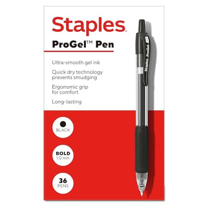 STAPLES Retractable Gel Pens, Bold Point 1.0mm, Black Ink, 36 Pack – ProGel Smooth‑Flow Pens for High‑Volume Office Use - color: Black, size: 36 Pack, style: Bold Point