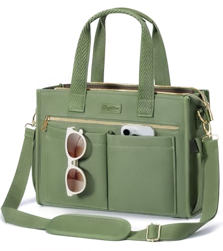 Canvas Tote Bag for Women, 15-Pockets Work Laptop Tote Purse Large Crossbody Nurse Teacher Bible Bag for School Travel Daily | with Strap & Zipper - color: M5.green, size: Medium-14inch