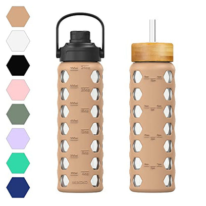 MUKOKO 24oz Glass Water Bottle, Amber | Glass Tumbler with Straw, Drinking Bottles with 2 Lids-Handle Spout Lid & Bamboo Straw Lid, Silicone Sleeve, 1 Pack - color: Amber, size: 24 Ounces