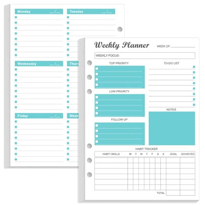 6-Hole Weekly Planner Refills for A5 Binders - 53 Sheets/106 Pages Undated Weekly Planner, 100 gsm White Paper, Lasts 1 Year, Undated, 5.8" x 8.3", Teal - size: 1-Pack, style: 6-Hole
