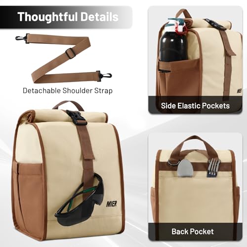 MIER Insulated Lunch Bag Roll Top Lunchbox for Women Men Adults Foldable Rolltop Lunch Tote with Shoulder Strap for Work Office Picnic, Water Bottle Holder, Khaki - color: Khaki