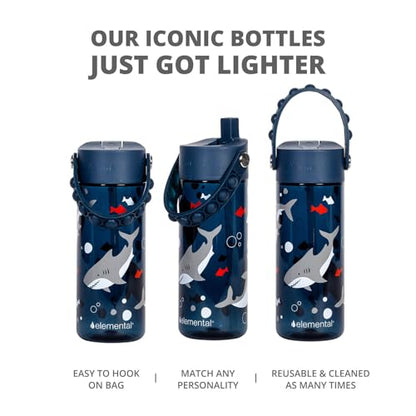 Elemental Leak Proof Water Bottles for Kids - Splash Kids Water Bottle for School with Pop-it Handle - Tritan Plastic Water Bottle with Straw - Shark & Black - 18oz (2 Pack) - color: Duo - Shark / Black