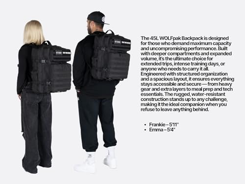 WOLFpak 45L Athletic Gym Backpack - Durable 1000D Waterproof Oxford Material with MOLLE Webbing, Laptop Pocket - color: Alpha Black