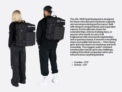 WOLFpak 45L Athletic Gym Backpack - Durable 1000D Waterproof Oxford Material with MOLLE Webbing, Laptop Pocket - color: Alpha Black