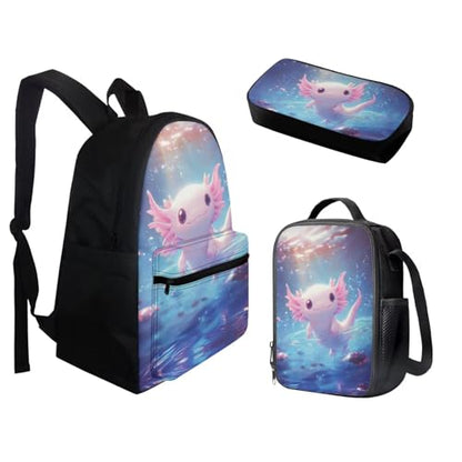 BIGCARJOB Axolotl Backpack for School Girls Bookbags Set with Lunch Bags Pencil Case 3 Pcs Girls School Bookbags Set Thermal Lunch Containers Back to School Pen Bags - color: Cute Axolotl, size: One Size