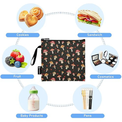 Reusable Food Storage Bags Mushrooms Black Print 3 Pack Set Lunch Bag Compact Sandwich Snack Bag Small Medium Large for Lunch, Travel & Organization - color: Bag 2