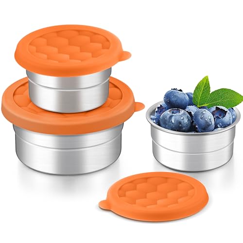 HaWare Stainless Steel Food Storage Containers with Silicone Lids, Leak-Proof Metal Snack Containers, Small Round Lunch Box for Kids Adults, Stackable & Reusable Meal Prep Containers, Set of 3, Orange - color: Orange, size: 3 Sizes