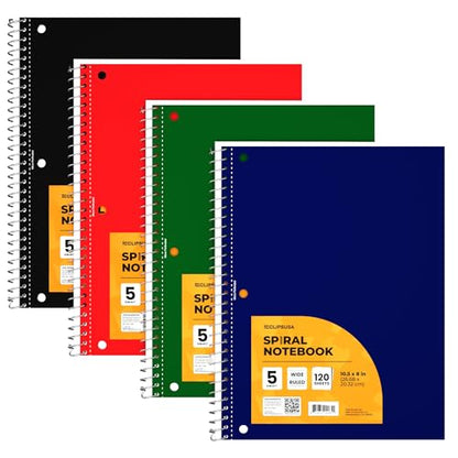 Spiral Notebook, 5 Subject Notebook, Wide Ruled Spiral Notebook, Spiral Notebook 8.5 x 11, Notebooks Bulk, School Supplies Bulk, Office Supplies Bulk, 2 Pocket Divider, 150 Sheets (5 Subject, 4 Pack)