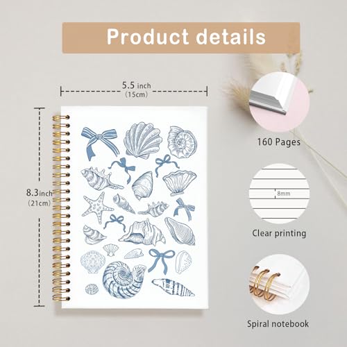Blue Bow Beachy Spiral Notebook for Girls Women,Blue School Supplies | Blue Coquette Beach Seashell Spiral Notepad A5, Ocean Vibes Writing Journal for Teens 5.5x8.3 - color: Coastal shell bows