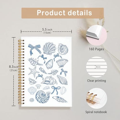 Blue Bow Beachy Spiral Notebook for Girls Women,Blue School Supplies | Blue Coquette Beach Seashell Spiral Notepad A5, Ocean Vibes Writing Journal for Teens 5.5x8.3 - color: Coastal shell bows