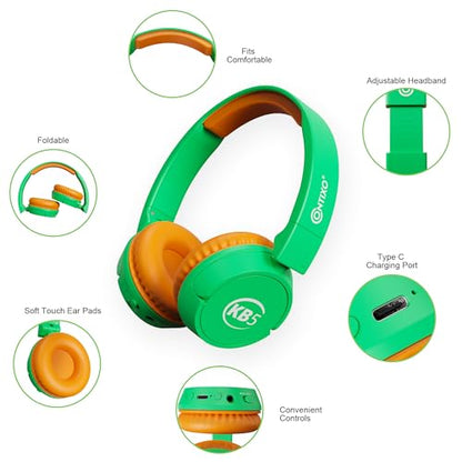 Contixo KB-5 Kids Headphones - Over The Ear Foldable Bluetooth Wireless Headphone for Kids - 85dB with Volume Limited - Toddler Headphones for Boys and Girls (Green+Orange) - color: Green