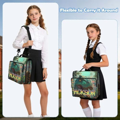 Custom Binder Bag Personalized Jungle Dinosaur 3 Ring Zipper Binder Bag with Laptop Pockets and Shoulder Strap Tote Binders Organizer Case for School Office - color: Custom Dinosaur