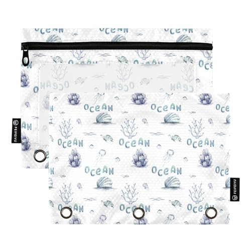 Pencil Pouch for 3 Ring Binder Watercolor Fish Jellyfish Seashells 2 Pack Clear Window Pencil Bags with Zipper Pencil Case - color: Multicolored 5