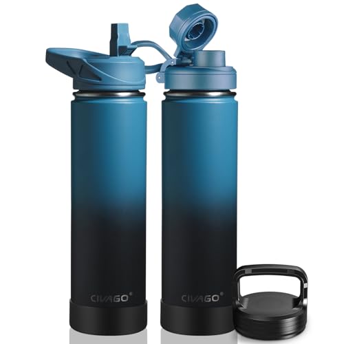 CIVAGO 24 oz Insulated Water Bottle With Straw, Stainless Steel Sports Water Flask Cup with 3 Lids (Straw, Spout and Handle Lid), Double Walled Travel Thermal Canteen Mug, Indigo Black - color: .Indigo Black, size: 24 Ounces