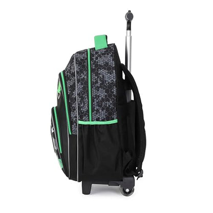 Kids Rolling Backpack for Boys, 5 PCS Cartoon Wheeled Backpack Set with Lunch Bag & Pencil Case, Durable Backpack with Wheels for School, Travel & Daily Use (Light Green) - color: Football Black