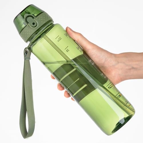 GOPPUS Water Bottles Clear Water Bottle with Straw 32oz Plastic Water Bottles BPA Free Tritan Wide Mouth Bottle Leakproof Motivational bottles water for Gym,Hiking,School or Office(1 Bottles) - color: Olive Green