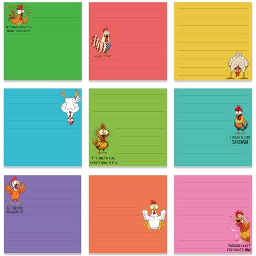 Funny Chicken Sticky Notes Gifts, 9 Pack Funny Notepads 3x3 Inch Office Gifts for Chicken Lovers, Scratch Roosters Hen Work Gag Self-Stick Memo Pads Office Supplies, 450 Sheets - style: Funny Chicken