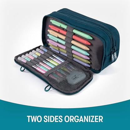 ZIPIT Half & Half Pencil Case, 3 Compartment Zipper Pouch for School, Stationery Bag for Teen Girls Boys and Adults, Teal - color: Teal