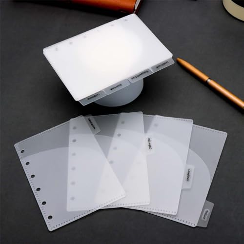 NatSumeBasics 8 Frosted A7 Binder Pocket Dividers 4 Tabs Mini Planner Inserts PP 2 Layer Cash Envelopes for 6 Ring Budgeting Binder Accessories Supplies (Frosted 3.5“) - color: Frosted Pocket Dividers