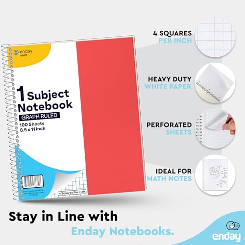 Enday Graph Paper Notebook 8.5 x 11 with Plastic Cover, 1 Red Grid Notebook, Graph paper spiral notebook, Graph notebook, 4 Squares per inch Grid paper notebook, White Paper Quad Ruled Spiral - color: Red